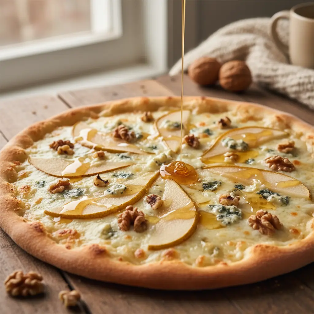Pizza met gorgonzola en peer