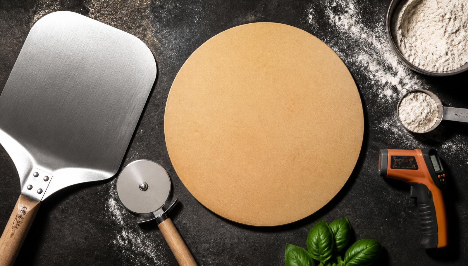 Pizzasteen, pizzaschep, snijder en thermometer op een donker werkblad