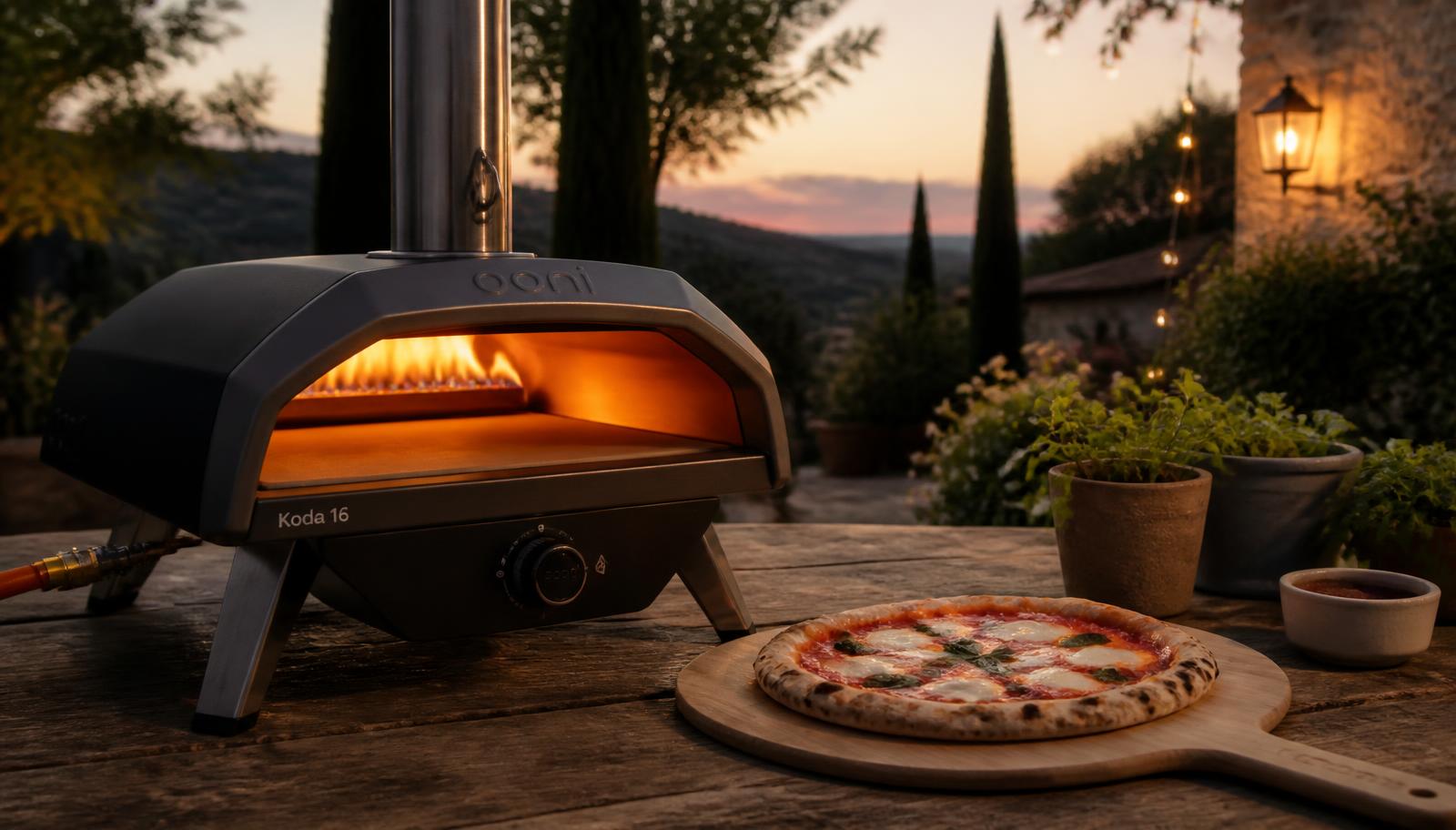 Gasgestookte pizzaoven met vlam in de tuin, met een verse margherita op een houten schep