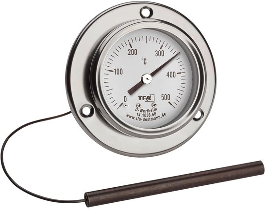Dostmann analoge roestvrijstalen pizzathermometer, 14.1036.60, geschikt voor pizzaoven, steenoven, houtoven of grill/rookoven, tot 500°C, met kabelsonde, reserveonderdeel of accessoire, zilver