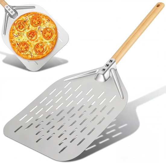 SnelShoppen - Aluminium Pizza Shovel 40x30cm Perforated Pizza Peel met Afneembare Houten Handgreep, Luxe Pizza Schep voor Thuis Pizza Bakken en Brood