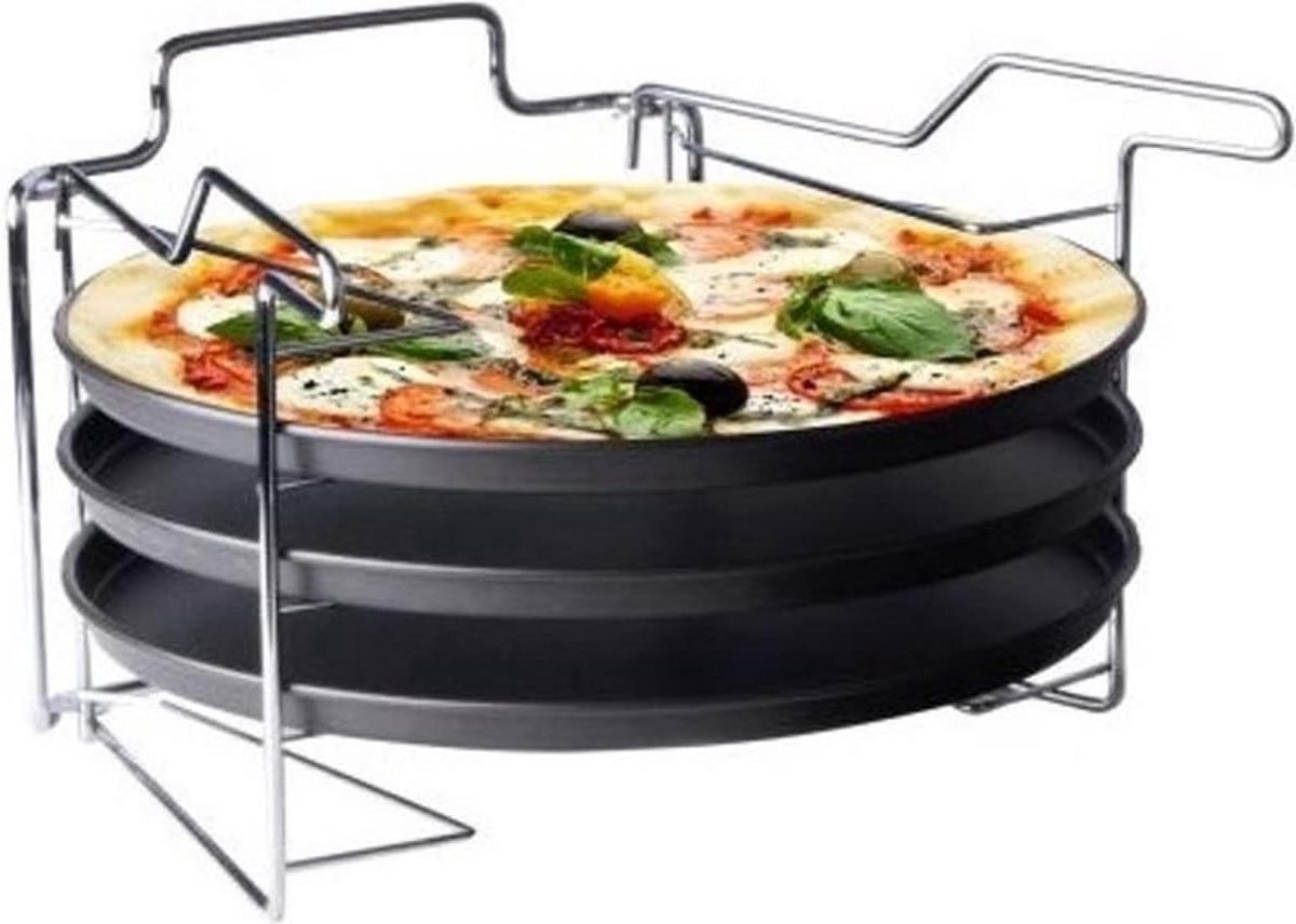 3-Delige Pizzaset met Bakstandaard en Antiaanbaklaag - Geschikt voor 4 Pizza's