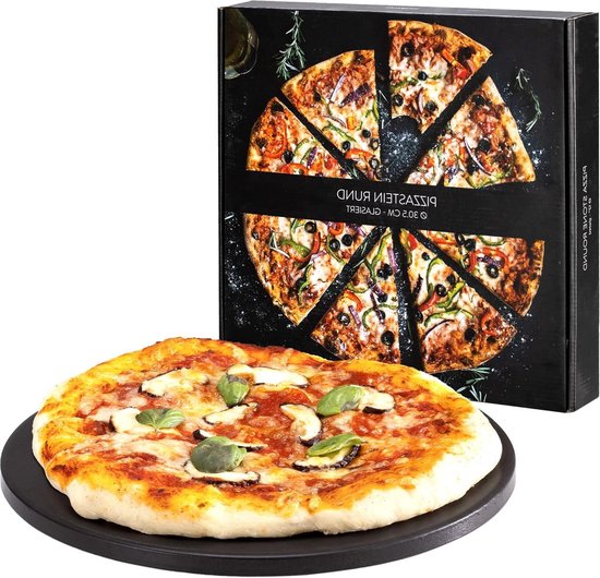 Pizzasteen voor oven en barbecue - Ronde pizzaplaat met receptenboek - Keramisch geglazuurd - Zwart pizza stone