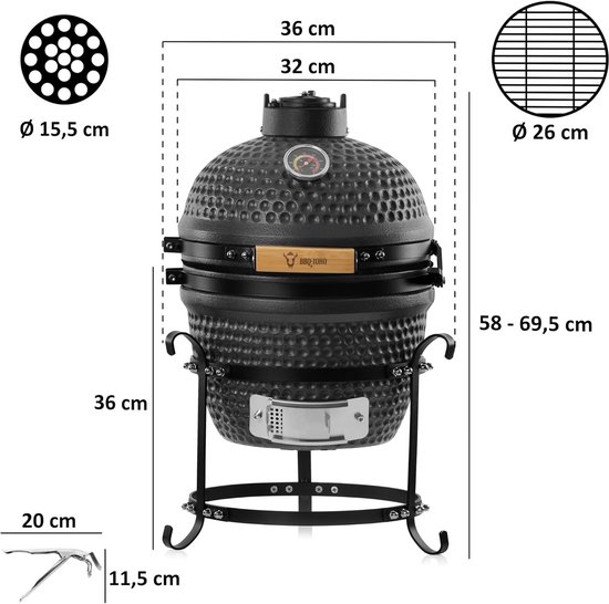 Premium Mini Kamado Keramische BBQ Grill 32 cm met Thermometer & Houten Handgreep – Houtskool Outdoor Smoker, Grill & Pizza Oven Mat Grijs – 43 x 36 x 58 cm