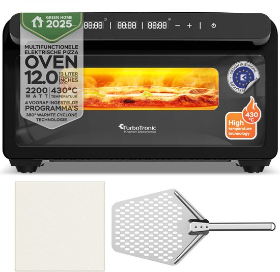 TurboTronic PO15 Elektrische Pizza Oven – Slimme Pizzaoven tot 400 °C – Zwart