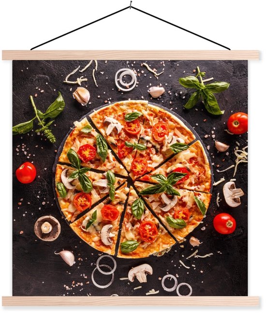 Posterhanger incl. Poster 40x40 cm - Schoolplaat - Pizza - Groente - Kruiden - Keuken - Industrieel - Textielposter - Blanke latten