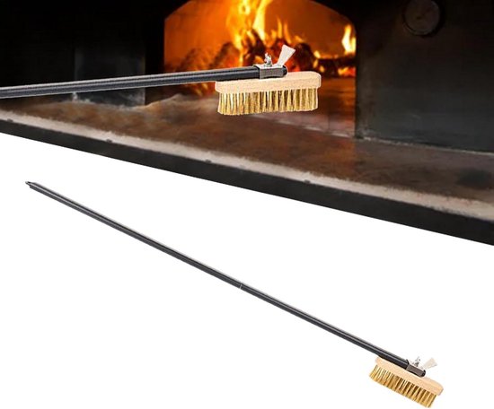 Ovenborstel met schraper - Roestvrij staal borstel - Pizzaoven reinigen - Verstelbare messing borstels - 48.5 cm lengte - Aluminium