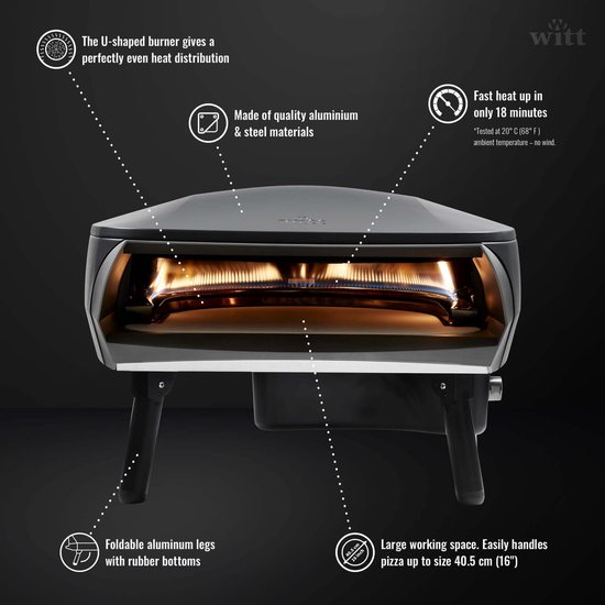 Witt ETNA Fermo GRAPHITE - Danish design pizza oven - gas - 500 graden in ca. 18 minuten