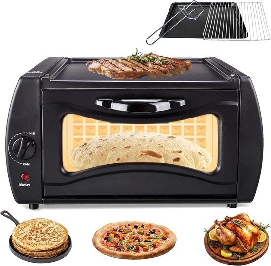 Elektrische Oven - Mini Pizzamachine - Thuisbanket - Dubbele Kookfunctie - 15 Liter - Zwart