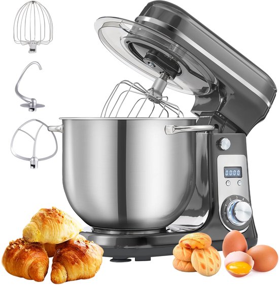 Golaro Keukenmixer – Deeg Mixer – Deeg Mixer Keukenmachine – 1200 W – Met Accessoires - 6 Snelheden + Pulse - Met Timer - Zilver