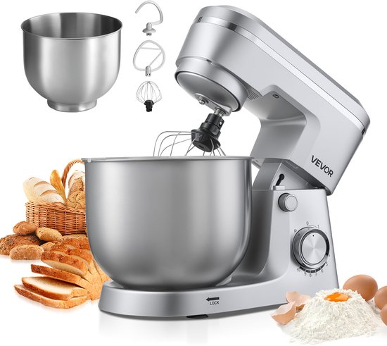 VEVOR Staande Mixer/Keukenmachine voor Bakken, 1500W Deegmixer met Roestvrijstalen Kommen (4,2 + 5,7 L) & Deeghaak & Klopper & Garde, 10 Snelheden Kantelbare Mixer