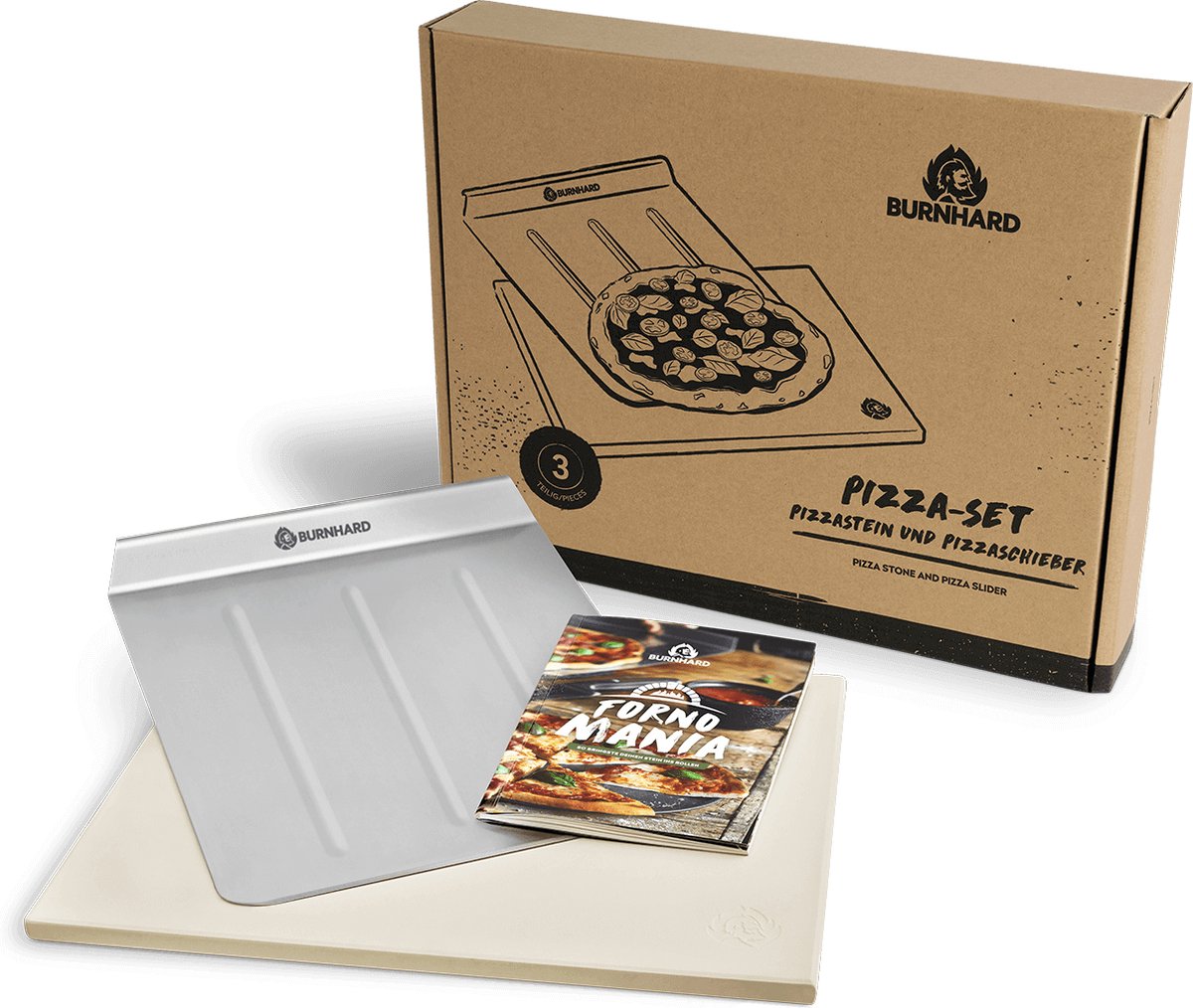 BURNHARD® Cordieriet Pizzasteen, RVS Pizzaschep, knapperige Pizzasteen, krokante pizza, 45x35 cm, voor oven & grill – Pizzasteen met Pizzaschep Set