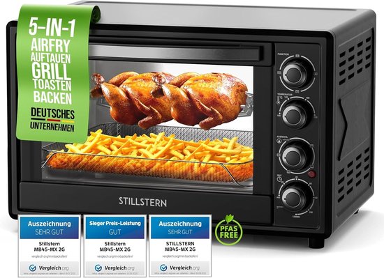 Stillstern mini-heteluchtoven 45 l (DE-versie) pizza Ø32, CYCLONE PRO+ antiaanbaklaag, ontdooien, 2 uur timer, camping mini-heteluchtoven pizzaoven mini-oven klein kipgrill met draaispies