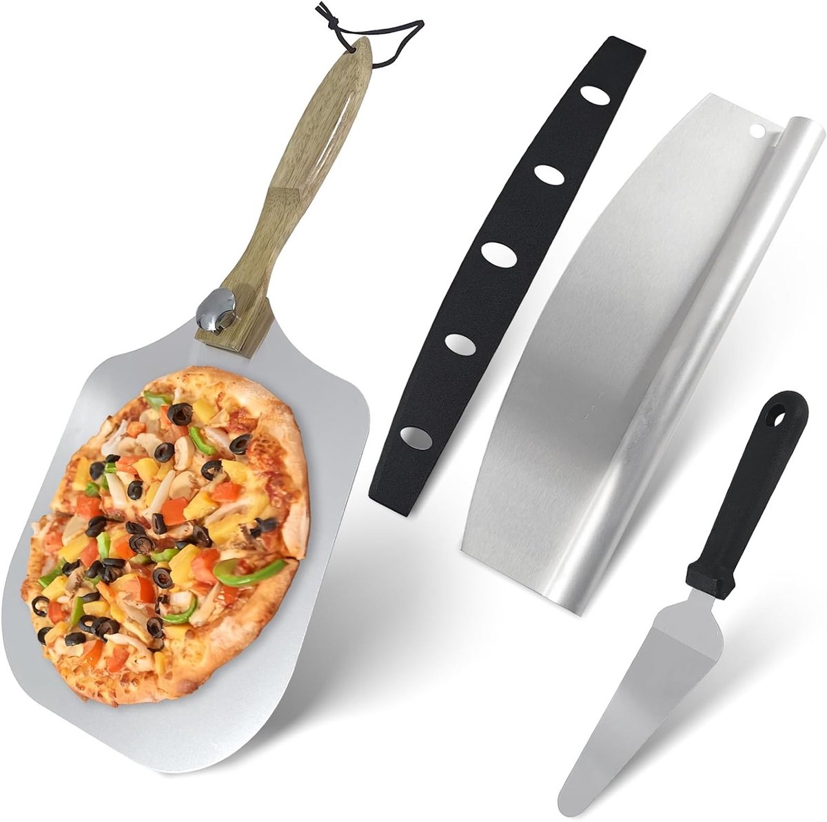 Complete Pizza Set met Aluminium Pizza Schep van 30 cm, Houten Handvat, RVS Pizza Snijder en Kaasschep - Ideale Accessoires voor de Oven