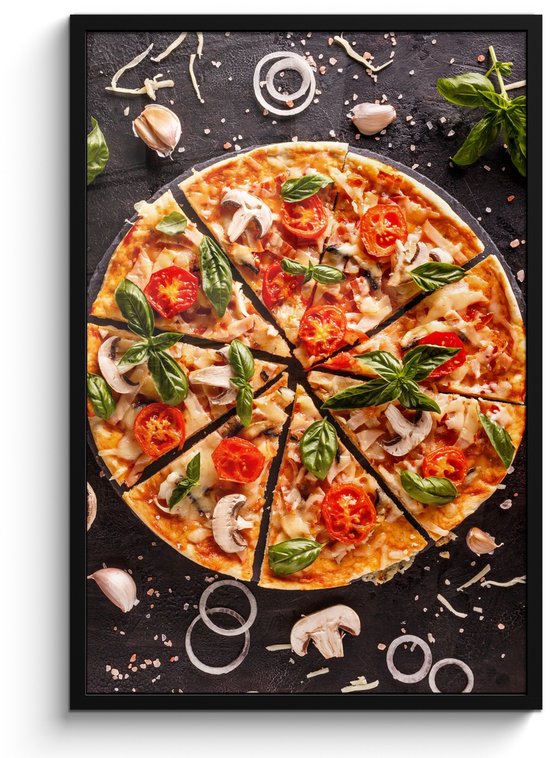 Poster in lijst - Fotolijst 60x90 cm - Posters - Pizza - Groente - Kruiden - Keuken - Industrieel - Posterlijst zwart - Decoratie - Wanddecoratie woonkamer - Muurdecoratie slaapkamer