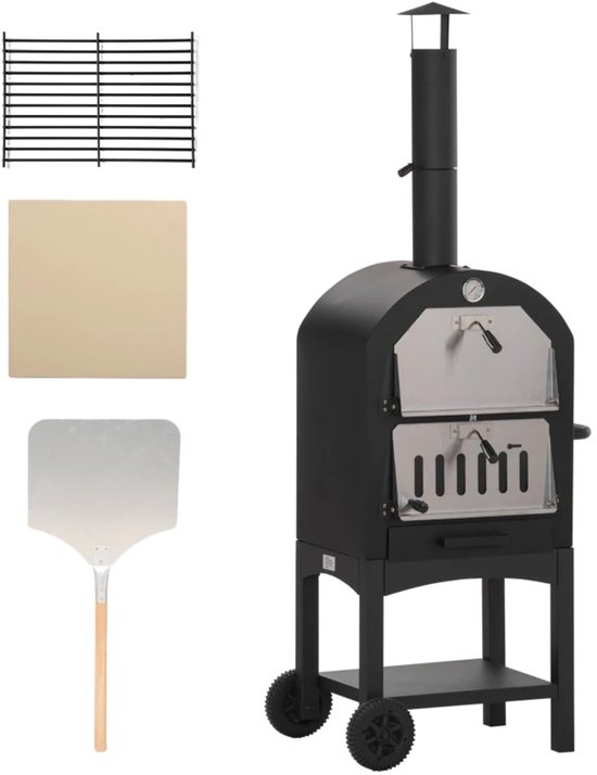 2-in-1 Pizza Oven - Grilloven - Grillwagen - 3-laags Houtgestookte Oven voor Barbecue - met 2 Grillroosters, Pizzaschep, Wielen, Beschermhoes, Thermometer, Schoorsteen - Pizza maker - Houtgestookt - Pizzaoven - voor Buiten - Staal - Zwart + Zilver