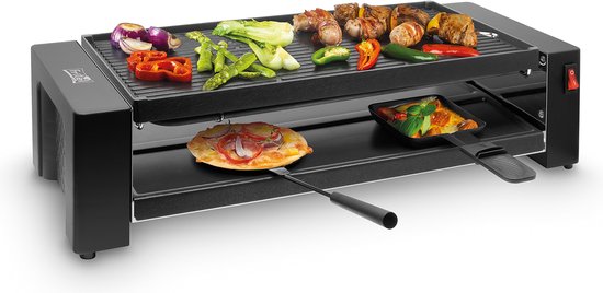 FRITEL Pizza-Raclette Grill PR 3195 - Tafelgrill / Minigrill / Raclette kookplaat - 1200W - 40x20cm - 8 Pers. + 8 Raclettepannetjes & Spatels