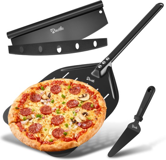 Complete Pizzaschep set – Vlijmscherpe Pizzasnijder – Pizzasteen – Spatel – Pizza uit de Oven of BBQ – Zwart – 30cm