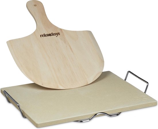 pizzasteen set - 1,5 cm dik - metalen houder - houten pizzaschep - cordieriet - oven
