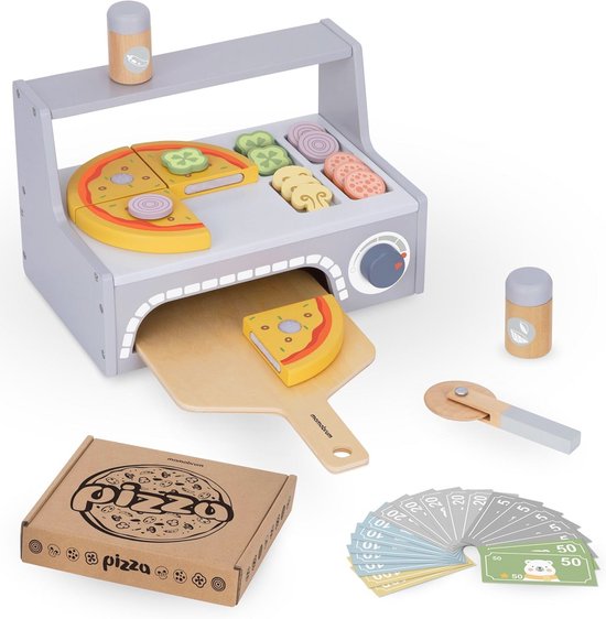 Houten Pizza Bakset voor Kinderen - Pizza Oven Set met Snijplank, Pizzastukken en Beweegbare Pizzasnijder