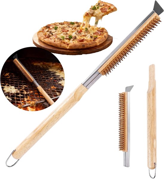 Borstel voor pizzaoven 53cm met schraper, reinigingsborstel met Messing Borstelharen en Houten Handvat, reinigingsgereedschap voor BBQ Grill en Buitenovens