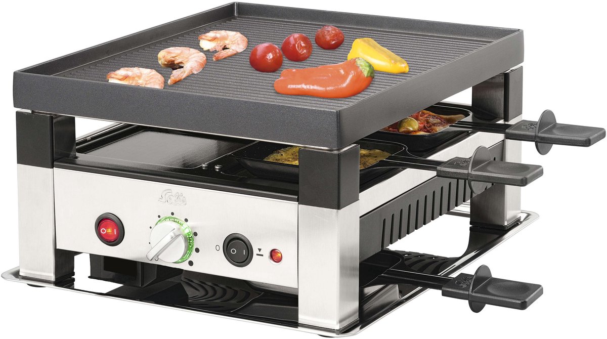 Solis Raclette & Pizza Grill - Gourmetstel 4 Personen - Raclette Gourmet Stel - Tafelgrill met 4 Verschillende Functies