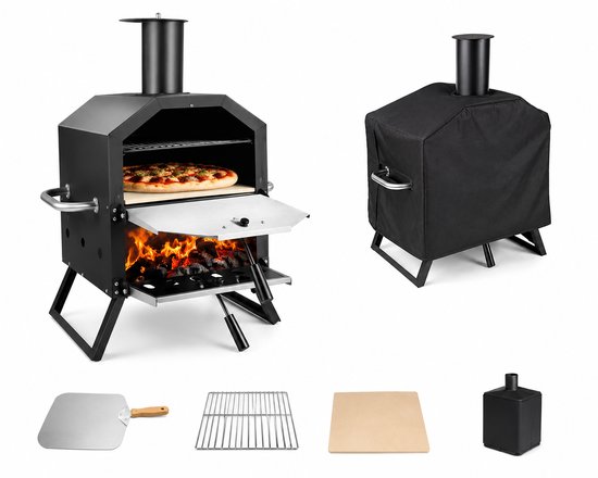 Jurrys Pizza oven - Grill - Buiten oven - 2 laags - Werkt op Pellet hout en houtskool - Inclusief waterdichte hoes - 26x44x72cm - Zwart