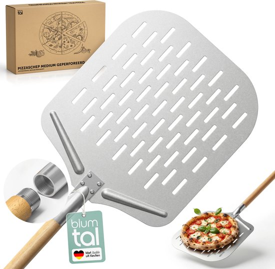 Blumtal Professionele Pizzaschep - Lang handvat - 30,5 x 30,5 cm - Geperforeerde Aluminium Pizzaschep - Houten handvat 82 cm