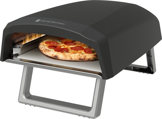 KitchenBrothers Pizza Oven - Gas - Tafelmodel - PFAS-vrij - Inklapbaar - Pizzasteen - Dubbele Brander - Pizza maker - Pizzaoven voor Buiten - Zwart/Grijs