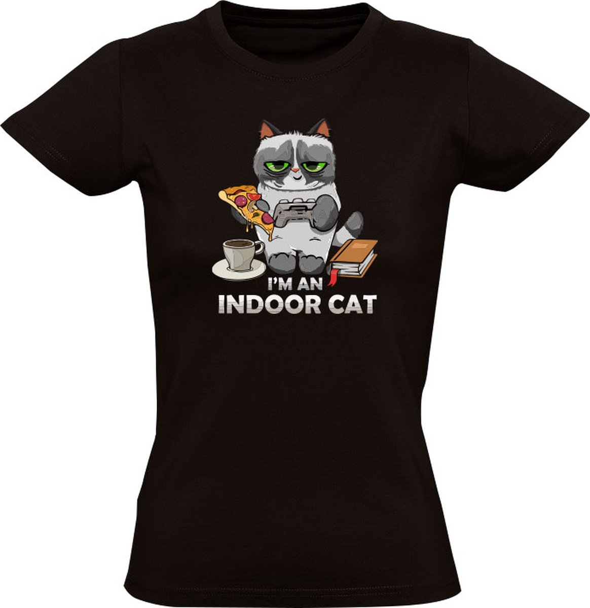 Grappig Katten Dames T-shirt - Kat met Pizza en Game Controller - Cadeau voor Kattenliefhebber