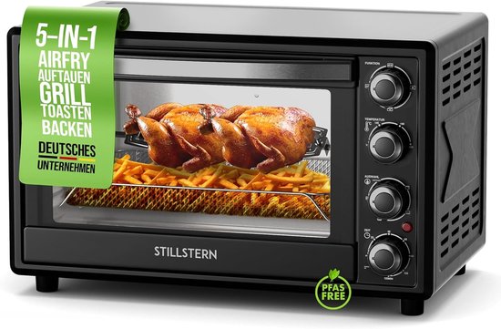 Stillstern mini-heteluchtoven 35 l (DE-versie) pizza Ø28, CYCLONE PRO+ antiaanbaklaag, ontdooien, 2 uur timer, camping mini-heteluchtoven pizzaoven mini-oven klein kipgrill met draaispies