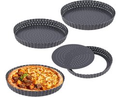 Geperforeerde quicheblikken van 20 cm - Antiaanbakvorm met losse basis voor pizza, quiches en cheesecakes, koolstofstaal, rond en gecanneleerd, set van 4 stuks
