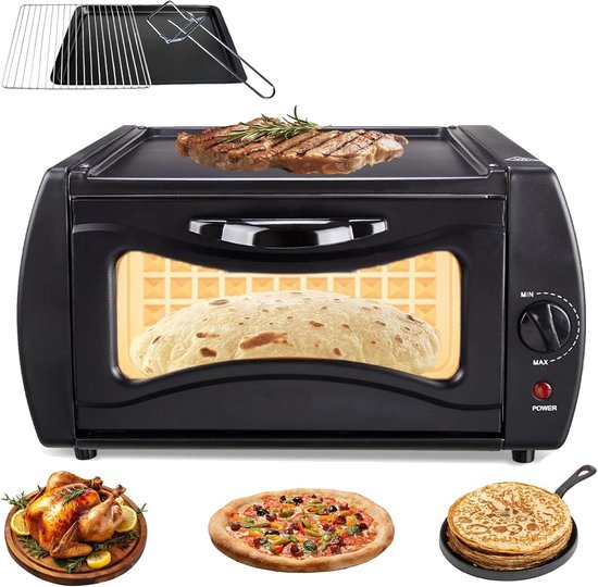 Elektrische Oven - Compacte Keukenoven - Pizzabakken Thuis - 2-in-1 Functie - 15 Liter Inhoud - Zwart