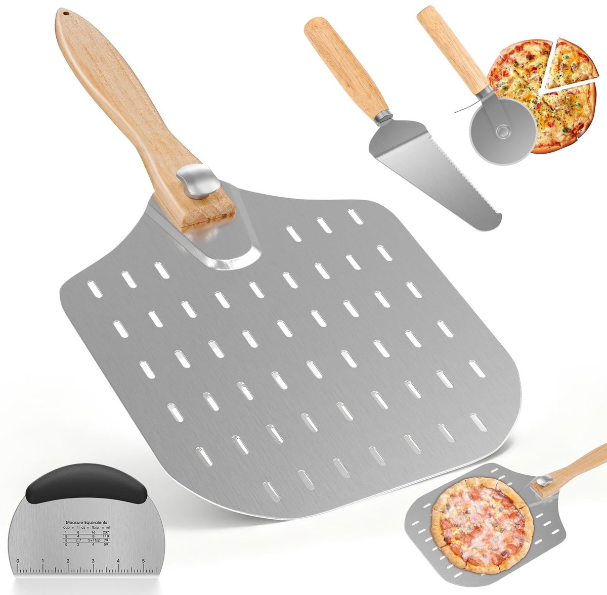 Omgoods - 4-Delige Pizza Schep Set - 12" Geperforeerde Pizza Peel