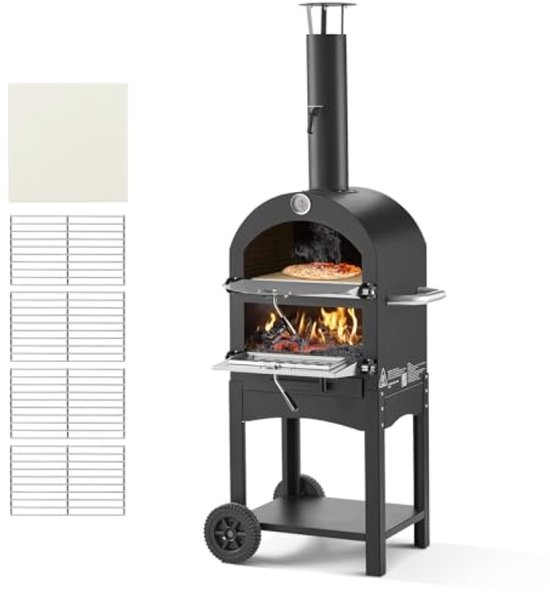 Houtgestookte buitenpizzaoven met wielen en thermometer - 30 cm