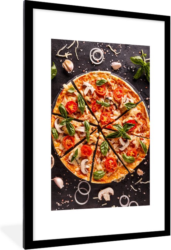 Poster in lijst - Fotolijst 60x90 cm - Posters - Pizza - Groente - Kruiden - Keuken - Industrieel - Posterlijst zwart - Decoratie - Wanddecoratie woonkamer - Muurdecoratie slaapkamer