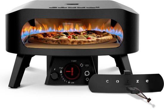 SnelShoppen - Gas Pizzaoven 13 Inch Roterend met Cordieriet Pizzasteen Ø34,5 cm - 6 kW Zwart - Ideaal voor Feest, Tuin en Camping