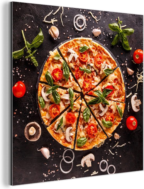 Wanddecoratie Metaal - Aluminium Schilderij Industrieel - Pizza - Groente - Kruiden - Keuken - Industrieel - 90x90 cm - Dibond - Foto op aluminium - Industriële muurdecoratie - Voor de woonkamer/slaapkamer