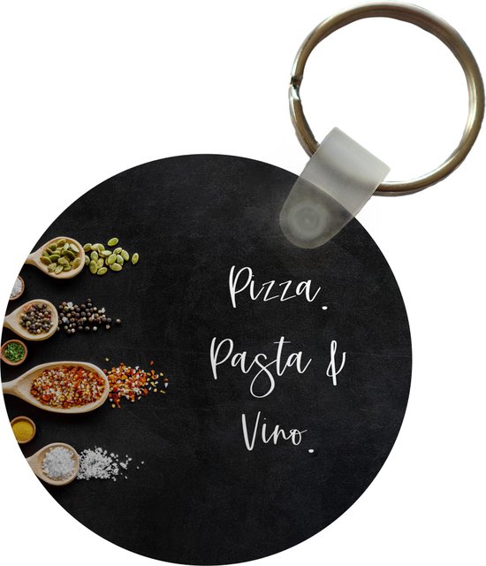 Sleutelhanger - Pizza. Pasta & Vino. - Quotes - Eten - Specerijen - Spreuken - Plastic - Rond - Uitdeelcadeautjes