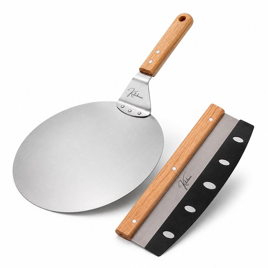 Kitchenz® Pizzaset – Pizzaschep & Pizzasnijder Wiegmes – Pizza Peel & Pizzaspatel – Voor BBQ & Oven – Inclusief E-Book