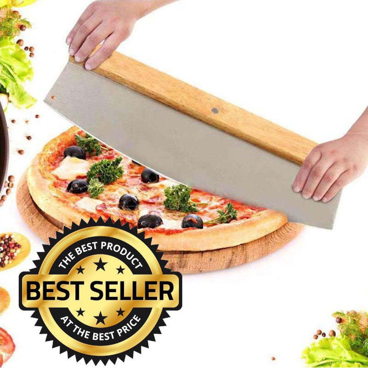 PRO Pizzasnijder RVS met houten handvat - Pizza Mes - Pizza snijder - Deegsnijder - Pizza verdeler wiegemes - Pizzames