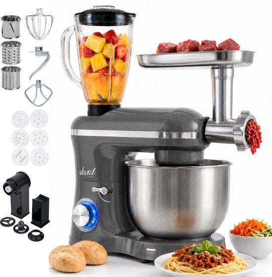 Vivid Green 2000W Keukenmixer - Vleesmolen, Blender & Pastamachine - Geschikt voor Zwaar Deeg - 6,2L Mengkom - Keukenmachine - Keukenrobot - Grijs