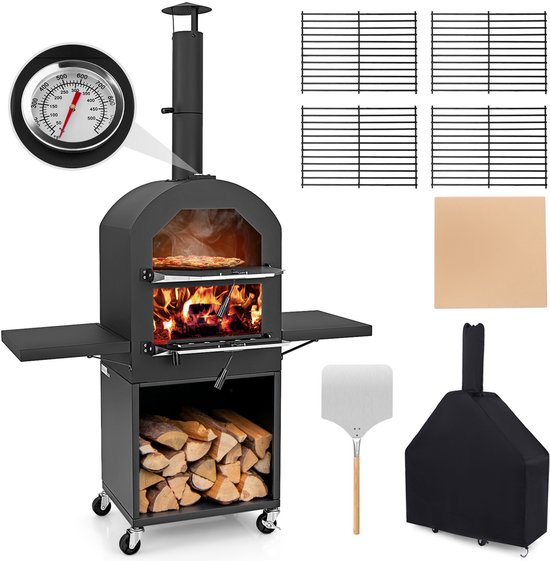 COSTWAY Outdoor pizzaoven, houtgestookte pizzaoven met wielen, afdekking, 30,5 cm pizzasteen, pizzaschep, grillrooster, thermometer, houtoven met opbergruimte voor BBQ, camping [Energieklasse A+]