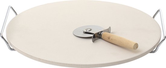 Neka BBQ/oven pizzasteen rond - keramiek - 33 cm / 13 inch - met handvaten incl. pizzasnijder - Pizzaplaat/pizzaplaten - Pizza maken