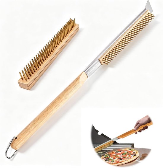 Pizzaovenborstel met schraper en reserveborstelkop, pizzasteen borstel messing borstelharen 53 cm, pizzaovenborstel plat lang, pizzaoven bezem, hittebestendig, voor hardnekkig vuil grillrooster