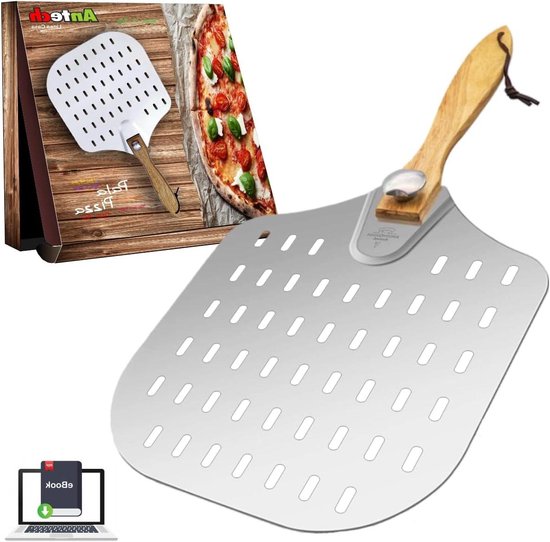 Pizzaschep van dik aluminium met perforatie en afneembaar houten handvat - Ontwikkeld voor de beste pizzabakjes en focaccia pizza peel