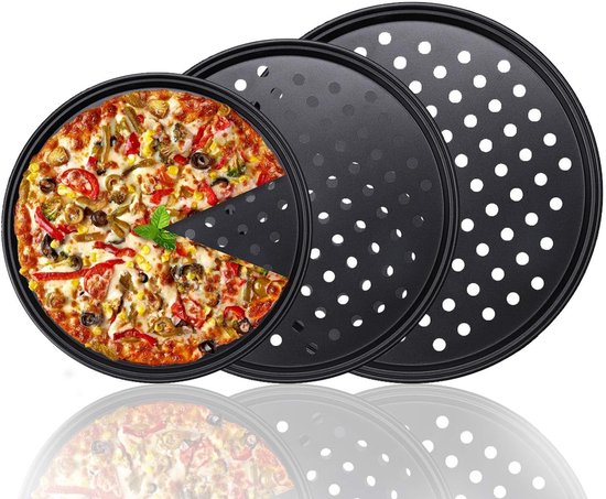 3-delige set - pizzaplaat rond - pizza bakplaat voor de oven - anti aanbak pizza bakplaat - koolstofstalen pan met gaten