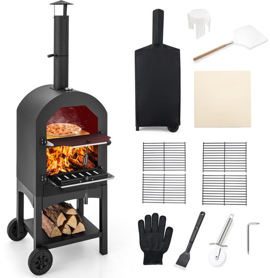 COSTWAY Pizzaoven voor buiten, houtgestookte pizzaoven met ingebouwde thermometer, praktische handgreep, wielen, waterdichte afdekking en asopvanglade