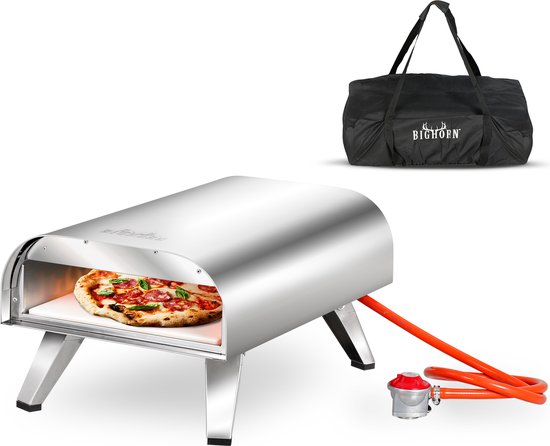 BIGHORN Gas Pizza oven voor Buiten - Pizza Gourmet - Pizzaoven Barbecue - Edelstaal - 30.5cm pizzasteen -temperatuurweergave tot 460 ° - met Gasdrukregelaarset 30 mbar & Slang 50 cm - met Draagtas