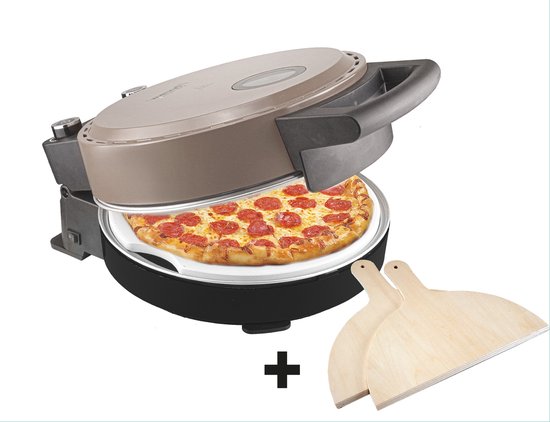 Bestron APZ500SAT Turbo Pizzaoven - Elektrische Pizzaoven - 320°C - Pizzasteen - Inclusief 2 Houten Pizzaspatels - Instelbare Thermostaat - Timer - Boven- en Onderwarmte - Voor Pizza's in 5-10 Minuten - Beige - 5 jaar garantie